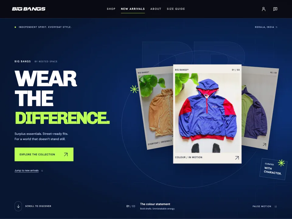 Big Bangs homepage with a navy background, lime headline and a three-product streetwear showcase